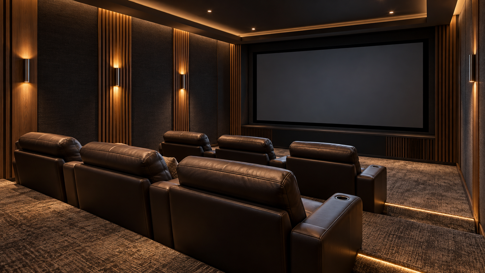 Illustrative home cinema with acoustic walls, tiered seating and warm lighting