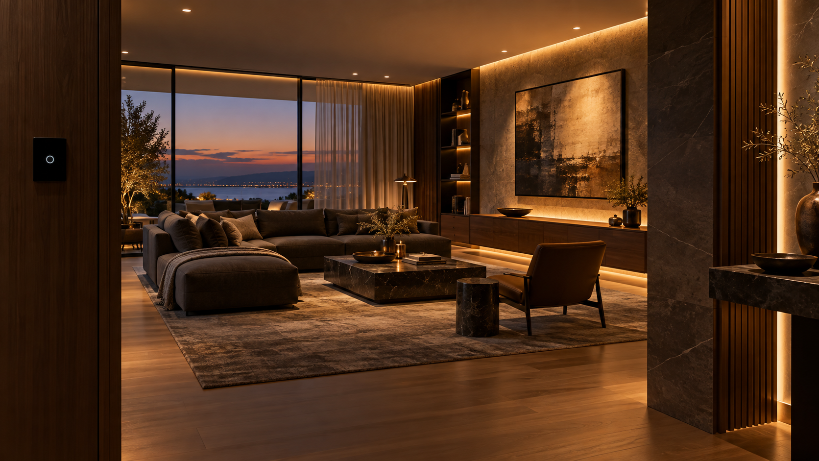 Illustrative living room with layered lighting and a wall control